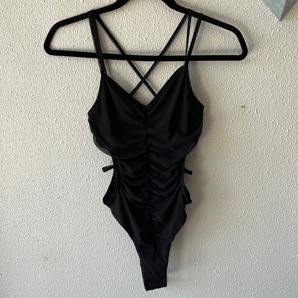 PrettyLittleThing Other - Pretty Little Thing Shape Black Mesh Ruched Strap Detail Cut Out Bodysuit Size 4